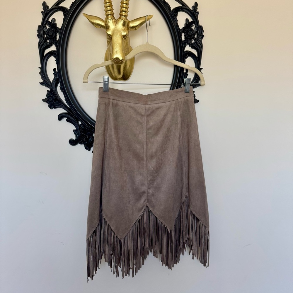 Esley Taupe Fringe Suede-Look A-Line Skirt